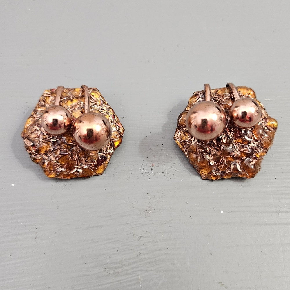 Vintage Matisse Copper Enamel Hexagon Clip-On Earrings 50s-60s